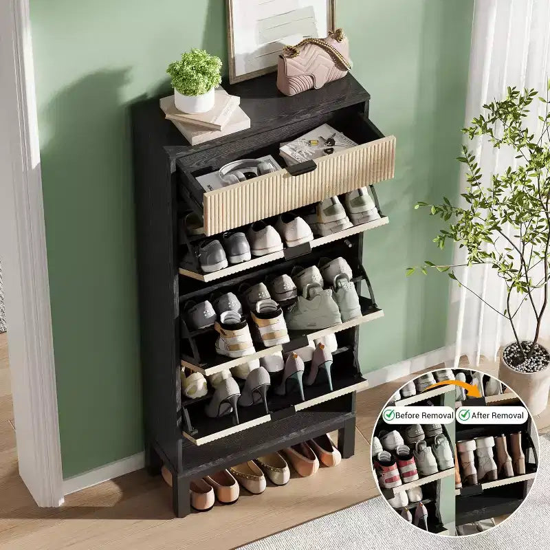 Scarpiera stretta in rovere nero/rovere bianco, 3 cassetti a ribalta + 1 cassetto contenitore, capacità 20 paia