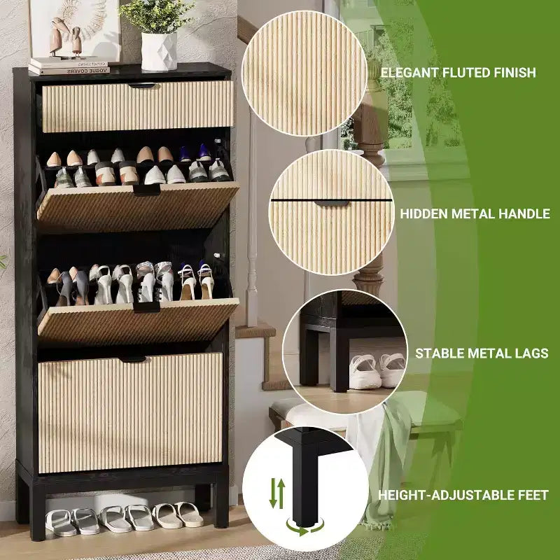 Scarpiera stretta in rovere nero/rovere bianco, 3 cassetti a ribalta + 1 cassetto contenitore, capacità 20 paia