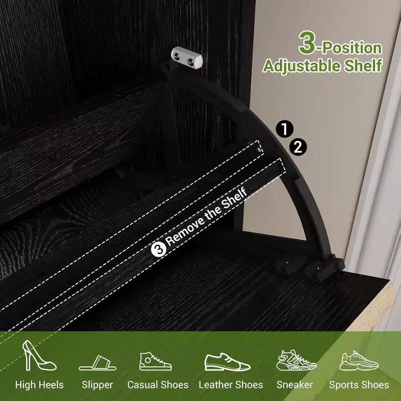 Scarpiera stretta in rovere nero/rovere bianco, 3 cassetti a ribalta + 1 cassetto contenitore, capacità 20 paia