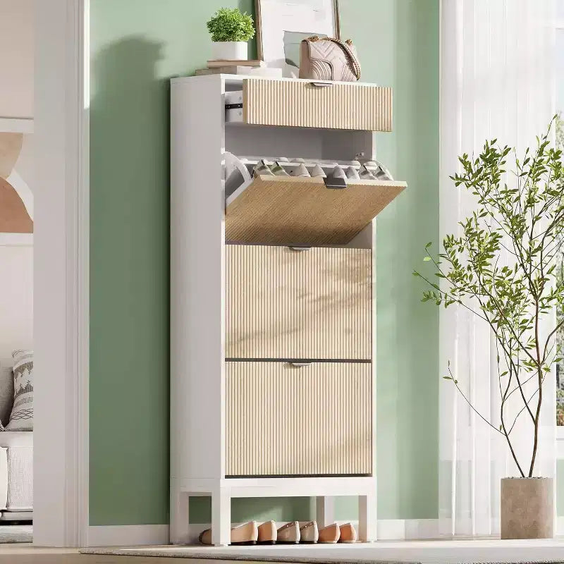 Scarpiera stretta in rovere nero/rovere bianco, 3 cassetti a ribalta + 1 cassetto contenitore, capacità 20 paia