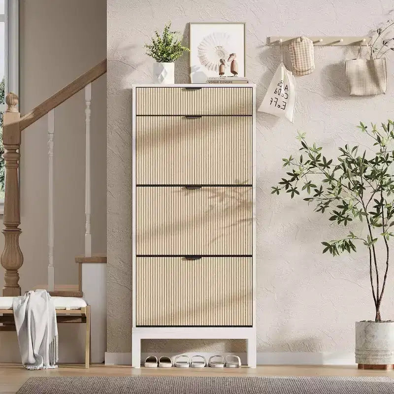 Scarpiera stretta in rovere nero/rovere bianco, 3 cassetti a ribalta + 1 cassetto contenitore, capacità 20 paia