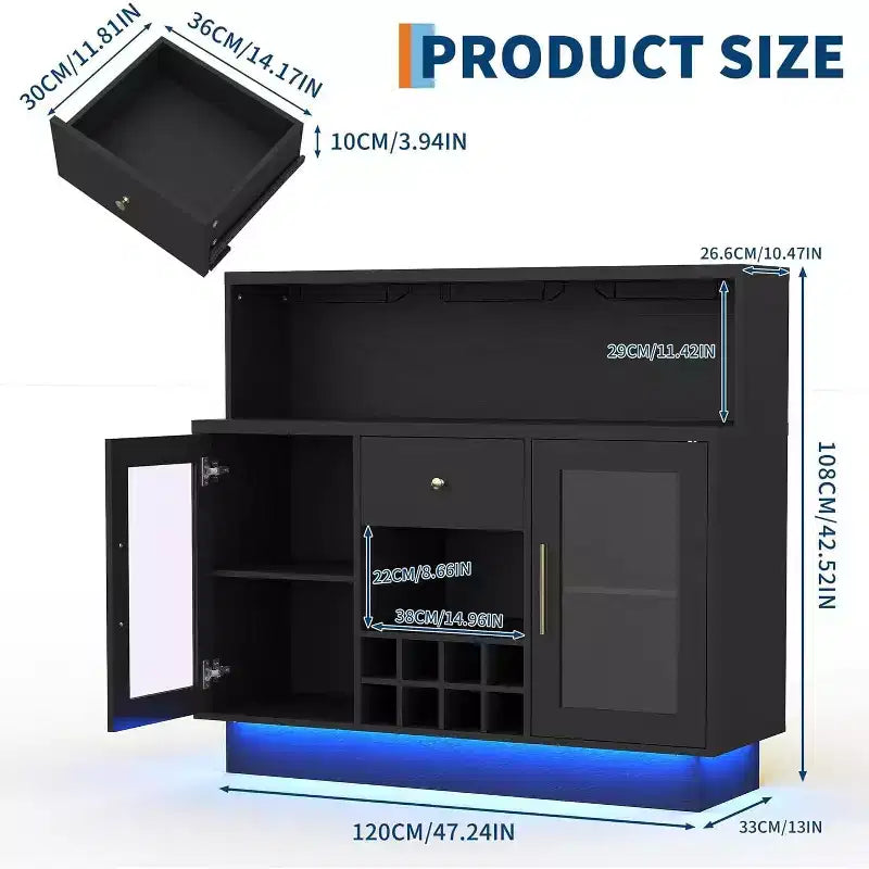 Mobile Bar Rustico Nero con Anta in Vetro con Serratura, Mobile Contenitore Vino e Caffè da 120 cm, Monoutente