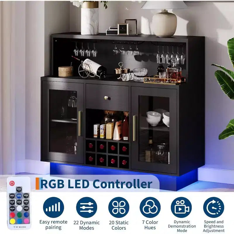 Mobile Bar Rustico Nero con Anta in Vetro con Serratura, Mobile Contenitore Vino e Caffè da 120 cm, Monoutente