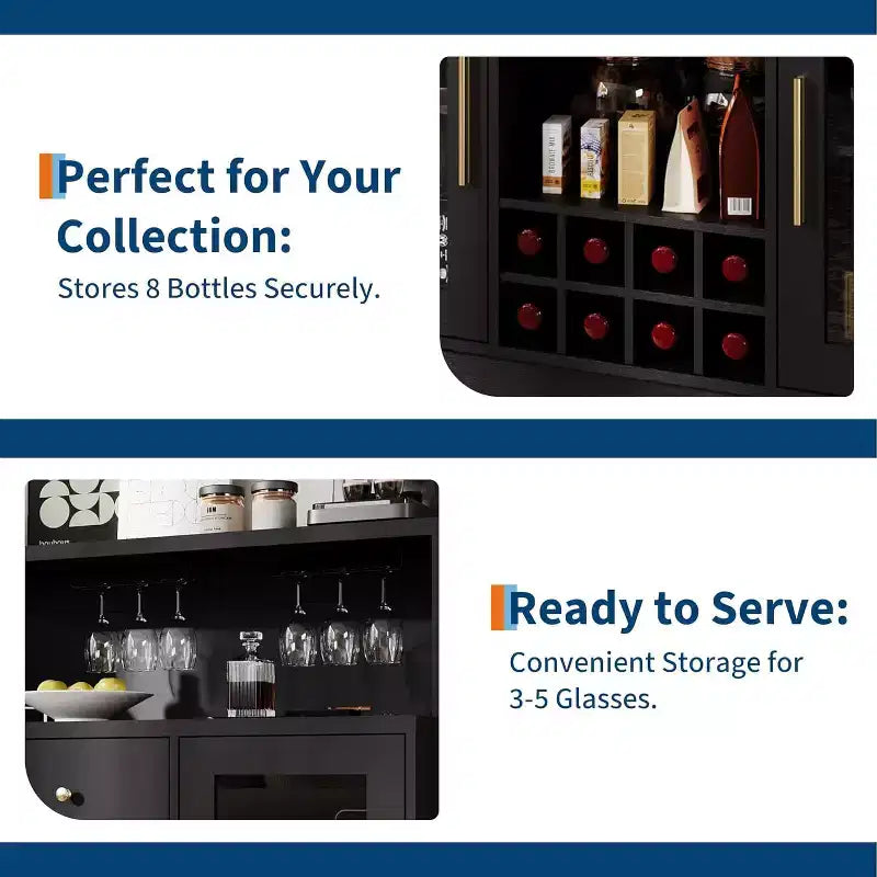 Mobile Bar Rustico Nero con Anta in Vetro con Serratura, Mobile Contenitore Vino e Caffè da 120 cm, Monoutente
