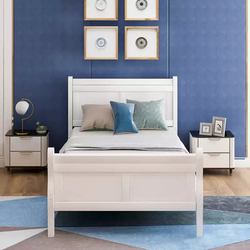 Struttura letto a piattaforma matrimoniale in rovere/bianco con testiera e pediera, in legno massello, per 1 persona