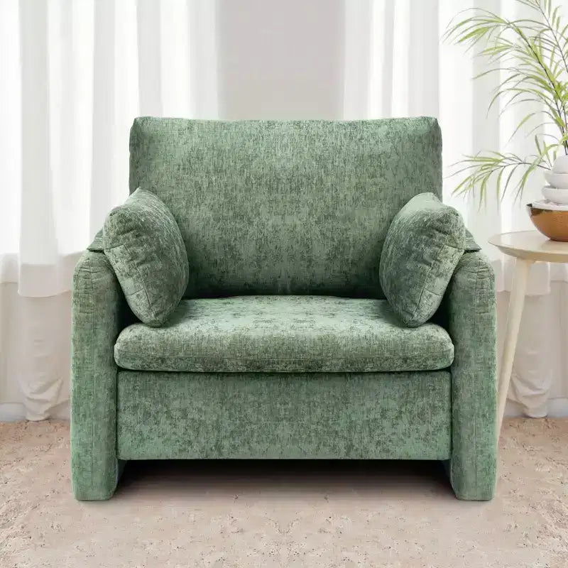 Poltrona d'accento verde in microfibra, Poltrona imbottita con schienale ad arco, Seduta singola