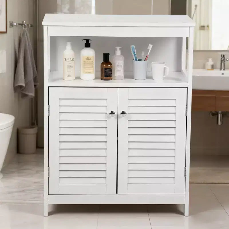 Mobiletto da bagno bianco autoportante con ante a persiana, singolo