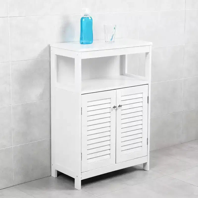 Mobiletto da bagno bianco autoportante con ante a persiana, singolo