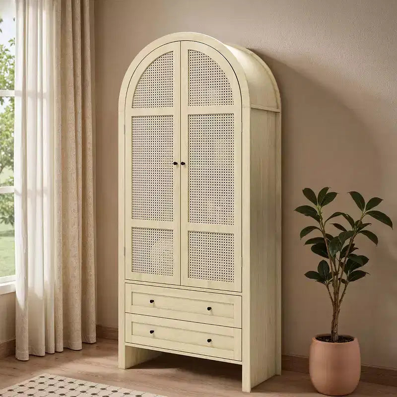 70.28 Tall Arched Kitchen Pantry Cabinet with Rattan Doors, Natural Storage Cabinet with 2 Drawers and Adjustable Shelves - Panipeachy