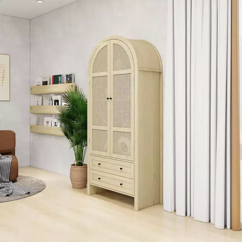 Finitura Legno Naturale, Dispensa ad Arco in Rattan, Montaggio per 1 Persona — 2 Cassetti e 4 Ripiani