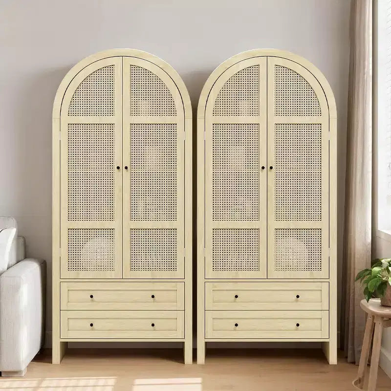 Finitura Legno Naturale, Dispensa ad Arco in Rattan, Montaggio per 1 Persona — 2 Cassetti e 4 Ripiani