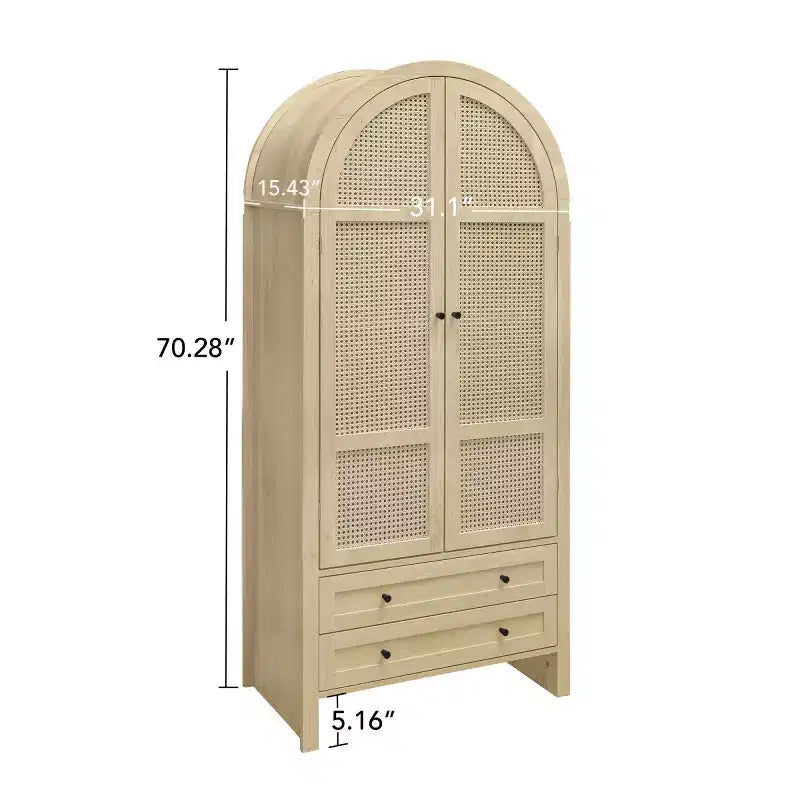 Finitura Legno Naturale, Dispensa ad Arco in Rattan, Montaggio per 1 Persona — 2 Cassetti e 4 Ripiani