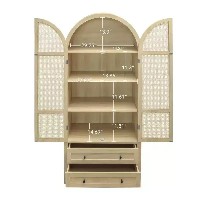 Finitura Legno Naturale, Dispensa ad Arco in Rattan, Montaggio per 1 Persona — 2 Cassetti e 4 Ripiani
