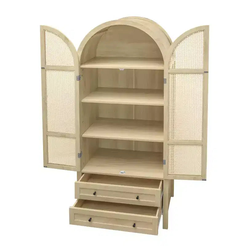 Finitura Legno Naturale, Dispensa ad Arco in Rattan, Montaggio per 1 Persona — 2 Cassetti e 4 Ripiani