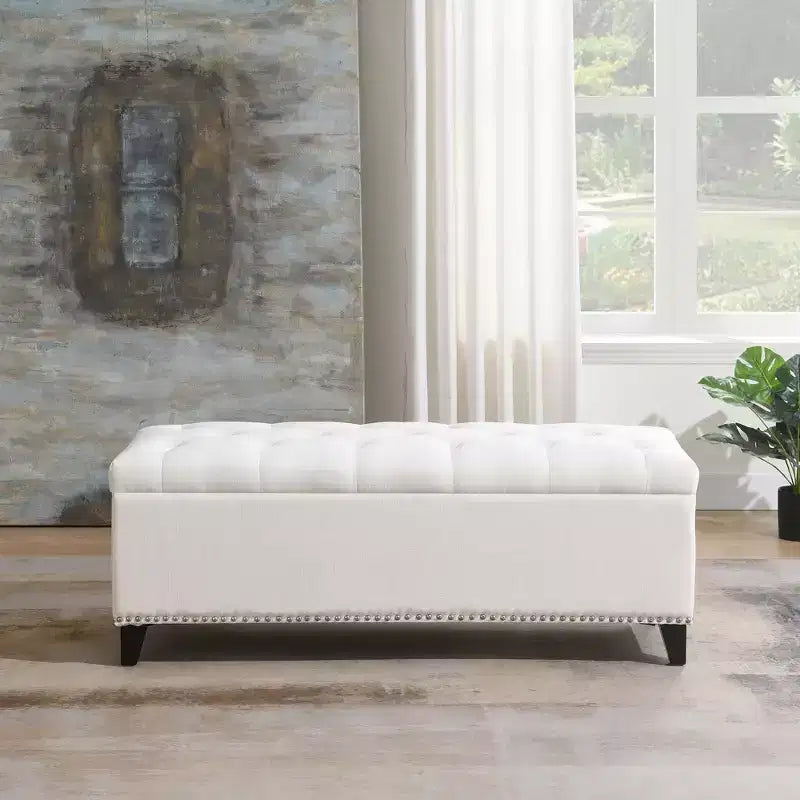 TUYOHW 47.5 Storage Ottoman Bench,End of Bed Bench with Safety Hinge,Button-Tufted Linen Fabric,Bench for Living Room,Entryway,Bedroom,Hallway