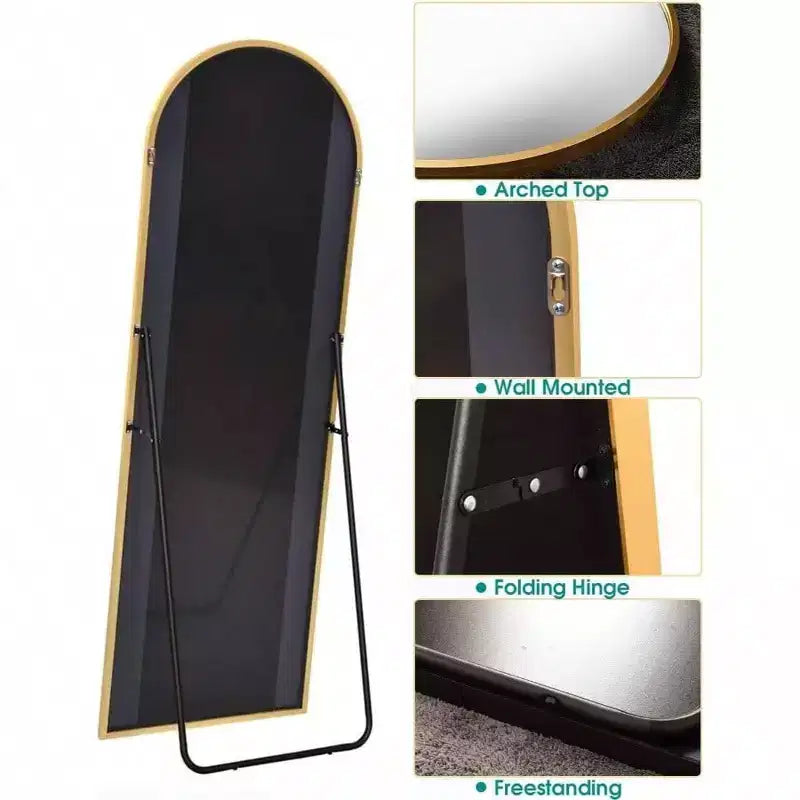 Specchio a figura intera ad arco dorato, con cornice in metallo, singolo