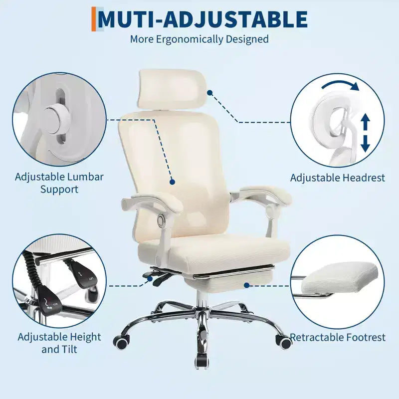 Sedia da ufficio con schienale alto in rete beige/nera con poggiapiedi retrattile, singola