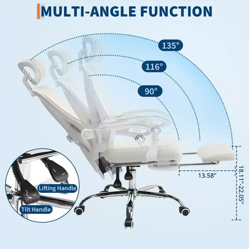 Sedia da ufficio con schienale alto in rete beige/nera con poggiapiedi retrattile, singola