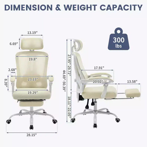 Sedia da ufficio con schienale alto in rete beige/nera con poggiapiedi retrattile, singola