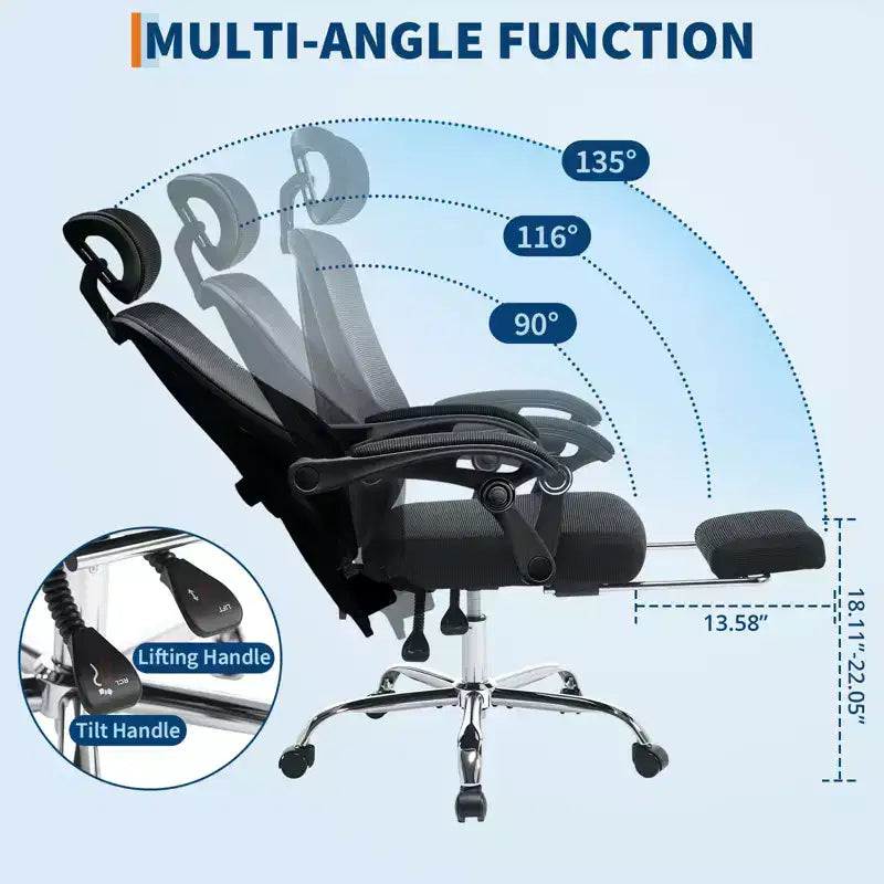Sedia da ufficio con schienale alto in rete beige/nera con poggiapiedi retrattile, singola