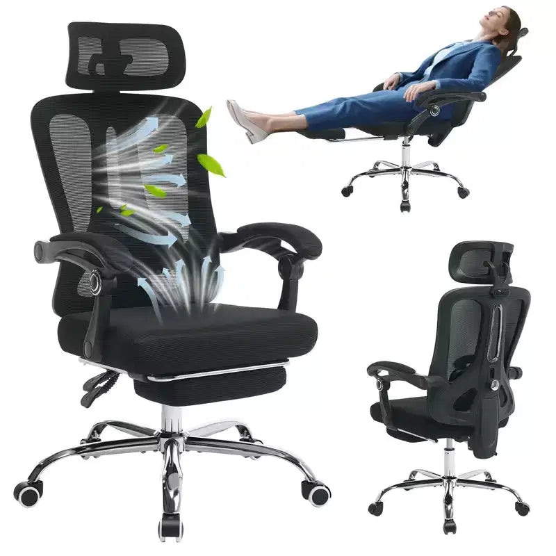Sedia da ufficio con schienale alto in rete beige/nera con poggiapiedi retrattile, singola