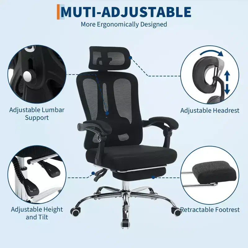 Sedia da ufficio con schienale alto in rete beige/nera con poggiapiedi retrattile, singola
