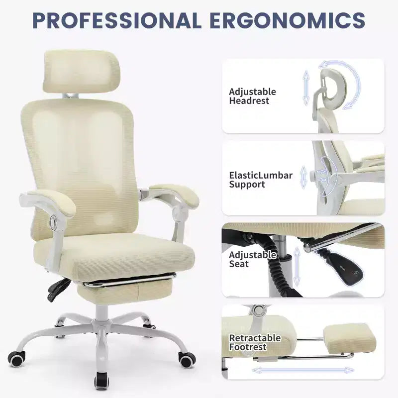Sedia da ufficio con schienale alto in rete beige/nera con poggiapiedi retrattile, singola