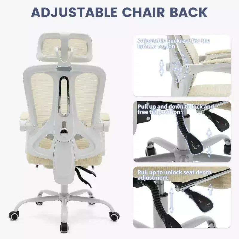Sedia da ufficio con schienale alto in rete beige/nera con poggiapiedi retrattile, singola