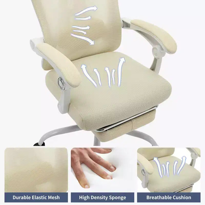 Sedia da ufficio con schienale alto in rete beige/nera con poggiapiedi retrattile, singola