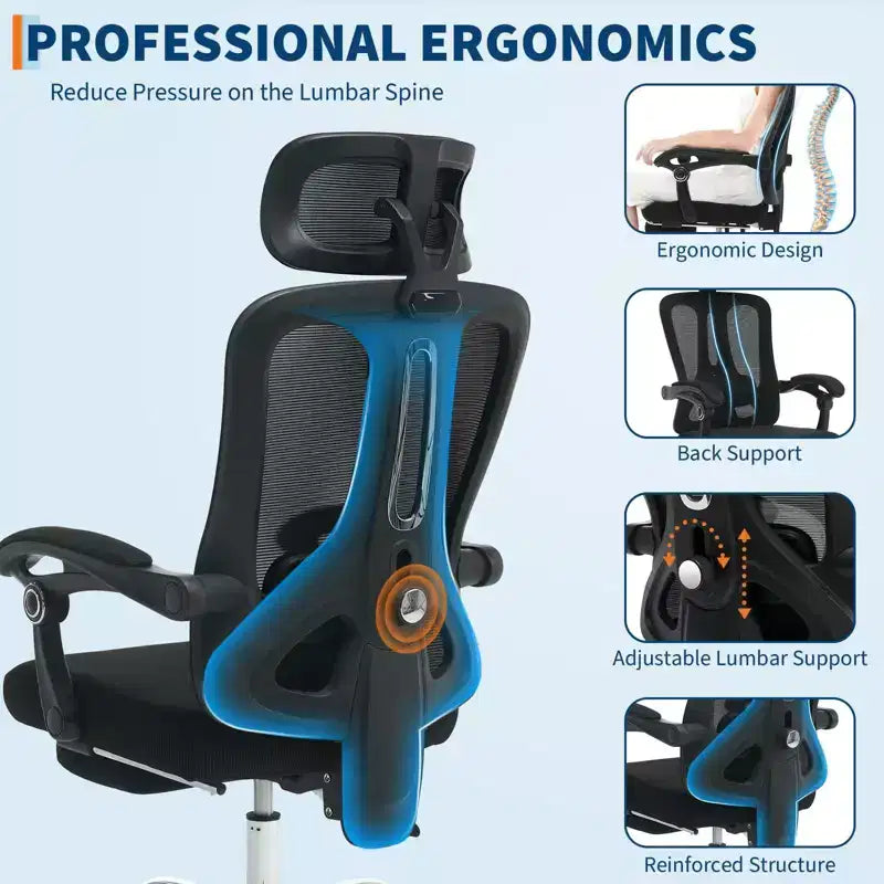 Sedia da ufficio con schienale alto in rete beige/nera con poggiapiedi retrattile, singola