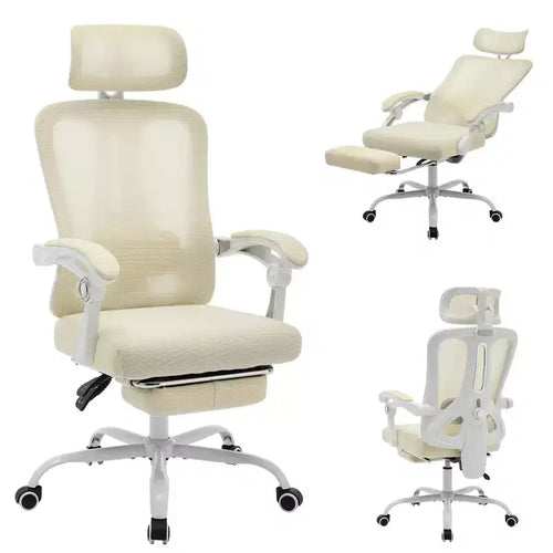 High Back Ergonomic Office Chair with Mesh Back, Retractable Footrest, Adjustable Headrest & Lumbar Support, Wide Computer Chair with Wheels, Beige