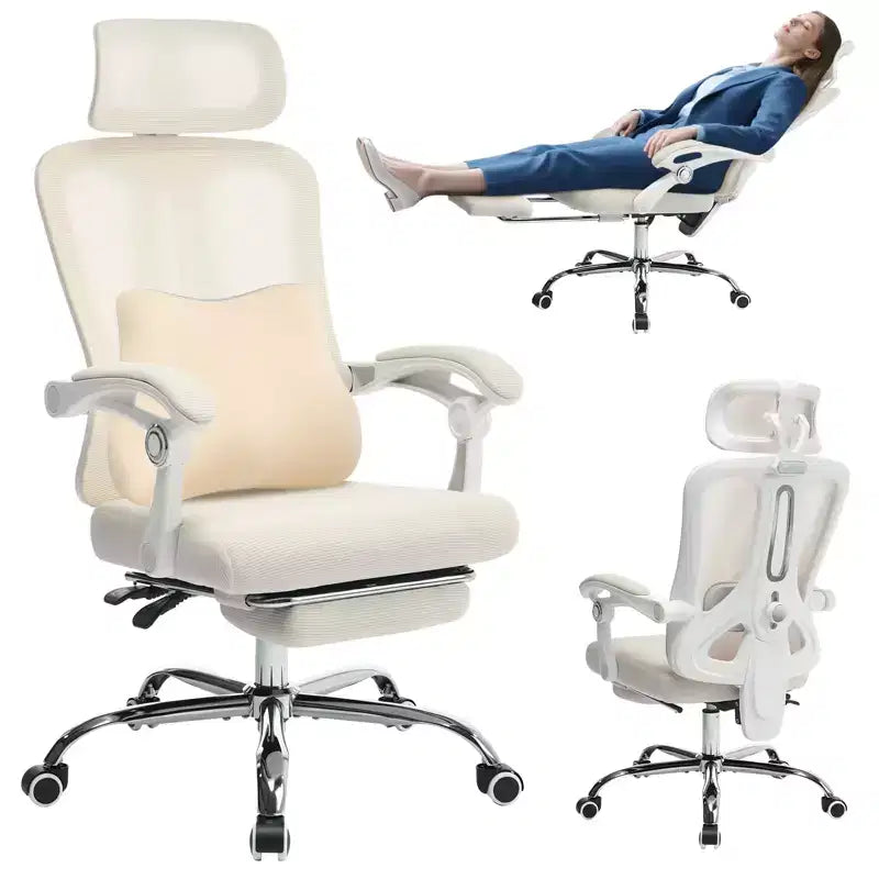 Sedia da ufficio con schienale alto in rete beige/nera con poggiapiedi retrattile, singola