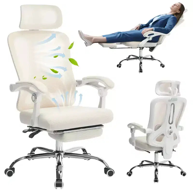Sedia da ufficio con schienale alto in rete beige/nera con poggiapiedi retrattile, singola