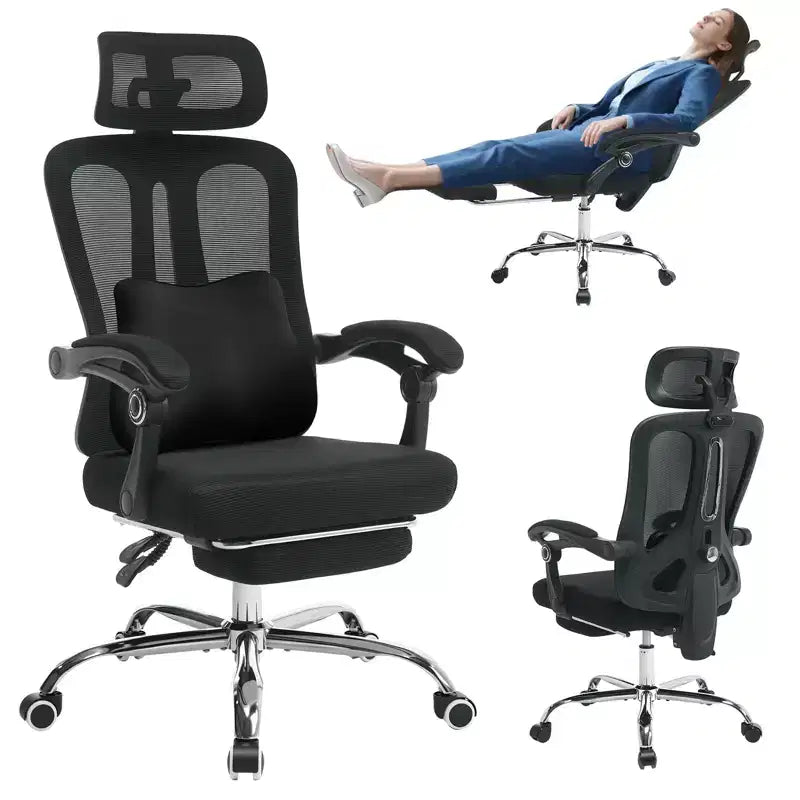 Sedia da ufficio con schienale alto in rete beige/nera con poggiapiedi retrattile, singola