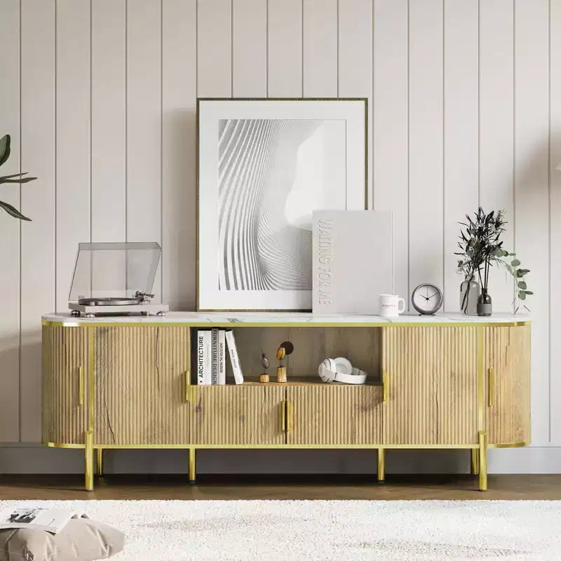 Mobile TV a 4 ante con effetto onda, blu/rovere, per TV fino a 70"