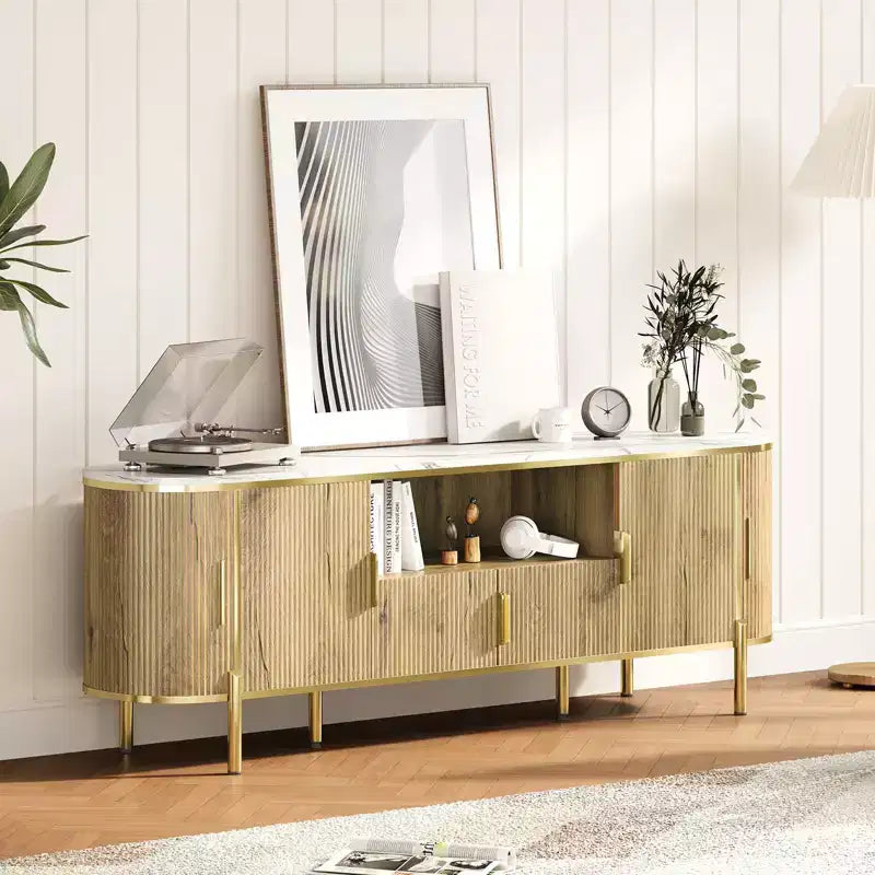 Mobile TV a 4 ante con effetto onda, blu/rovere, per TV fino a 70"