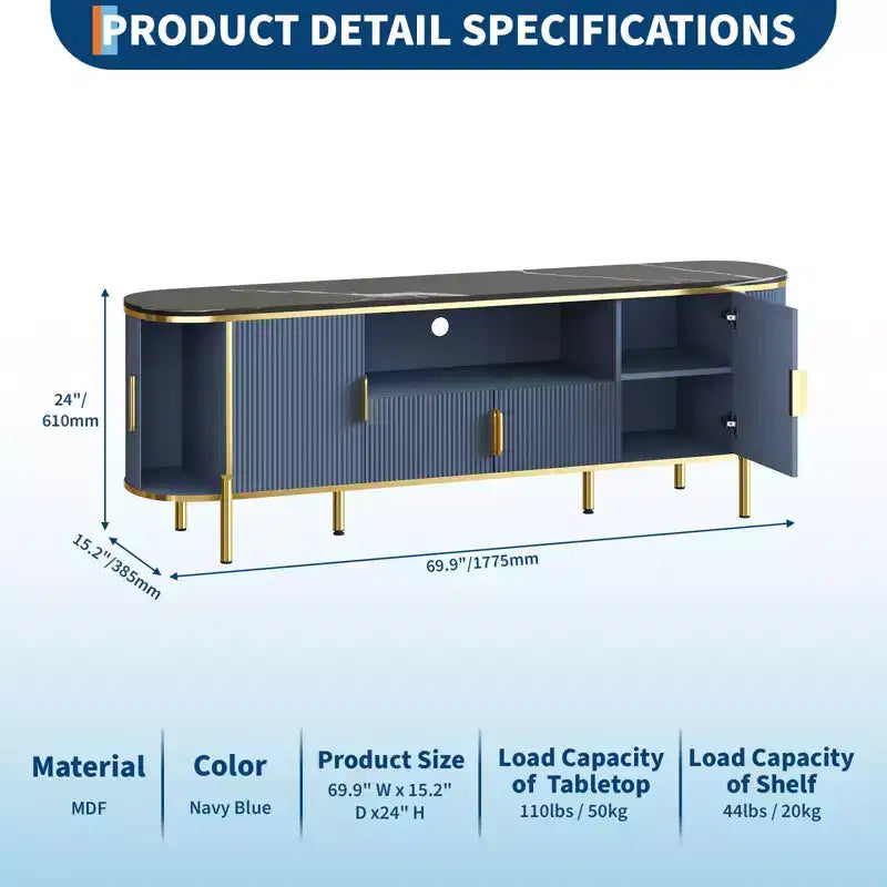 Mobile TV a 4 ante con effetto onda, blu/rovere, per TV fino a 70"
