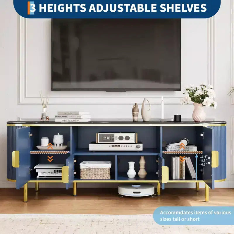 Mobile TV a 4 ante con effetto onda, blu/rovere, per TV fino a 70"