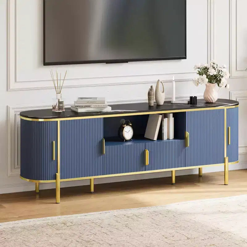 Mobile TV a 4 ante con effetto onda, blu/rovere, per TV fino a 70"