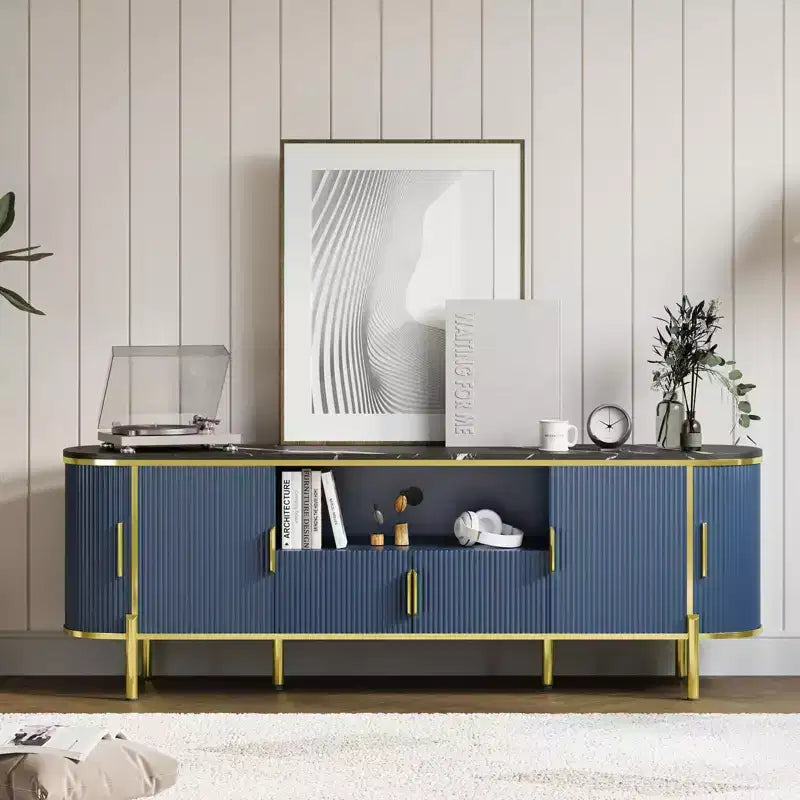Mobile TV a 4 ante con effetto onda, blu/rovere, per TV fino a 70"