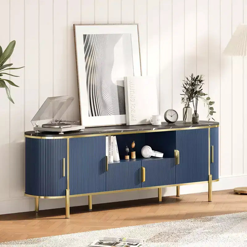Mobile TV a 4 ante con effetto onda, blu/rovere, per TV fino a 70"