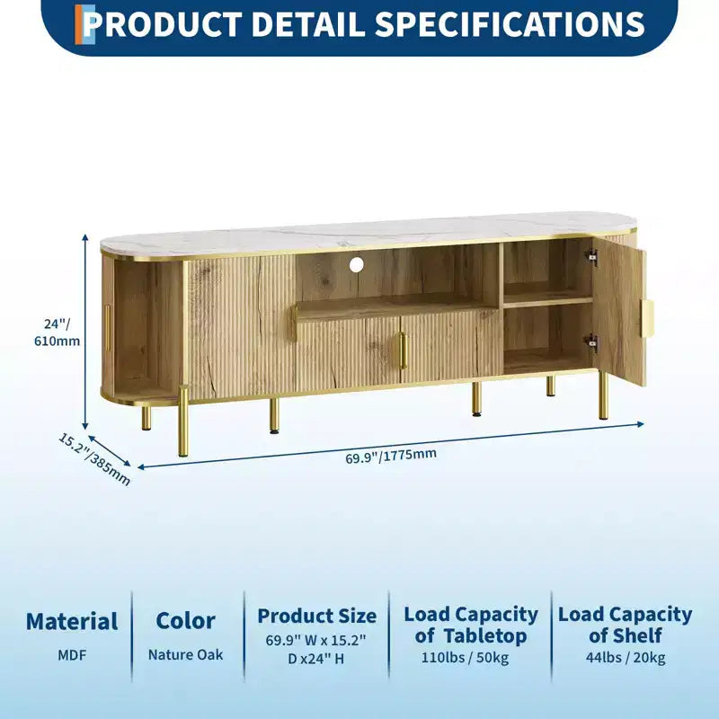 Mobile TV a 4 ante con effetto onda, blu/rovere, per TV fino a 70"