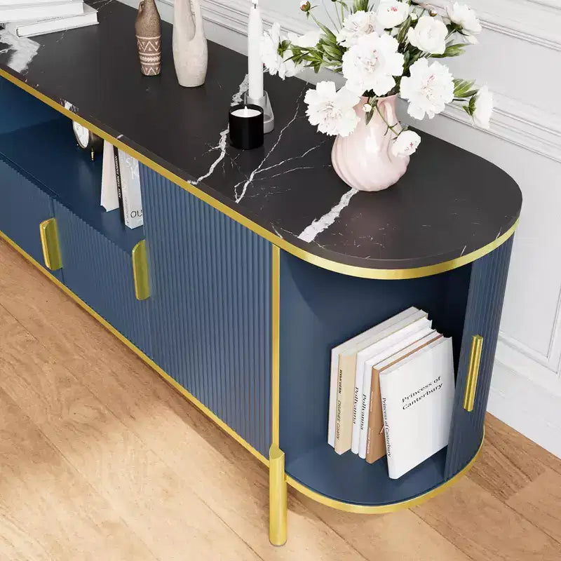 Round Wave Pattern Four-Door TV Stand , Adjustable Shelves, Imitation Marble Top, Gold Metal Decoration, Soft Closing Hinges