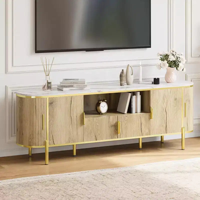 Mobile TV a 4 ante con effetto onda, blu/rovere, per TV fino a 70"