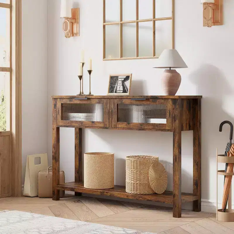 Tavolo Consolle Moderno Stretto Nero/Marrone/Color Legno con 2 Cassetti, 2 Ripiani, Montaggio per 1 Persona