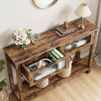 Tavolo Consolle Moderno Stretto Nero/Marrone/Color Legno con 2 Cassetti, 2 Ripiani, Montaggio per 1 Persona