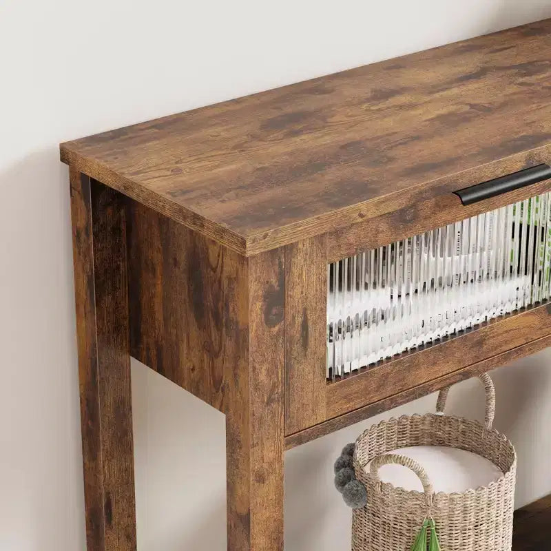 Tavolo Consolle Moderno Stretto Nero/Marrone/Color Legno con 2 Cassetti, 2 Ripiani, Montaggio per 1 Persona