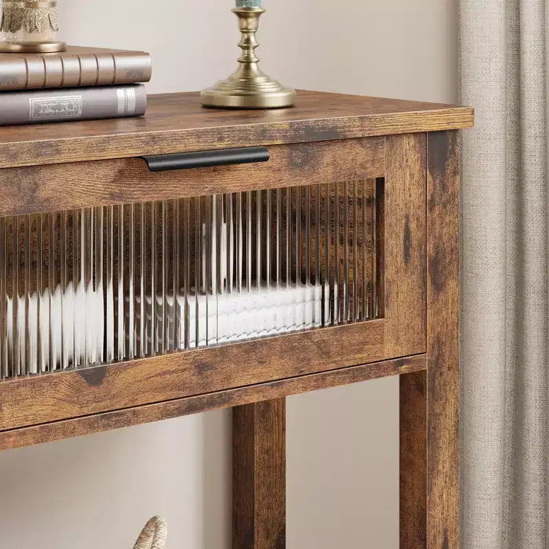 Tavolo Consolle Moderno Stretto Nero/Marrone/Color Legno con 2 Cassetti, 2 Ripiani, Montaggio per 1 Persona