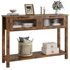 Tavolo Consolle Moderno Stretto Nero/Marrone/Color Legno con 2 Cassetti, 2 Ripiani, Montaggio per 1 Persona