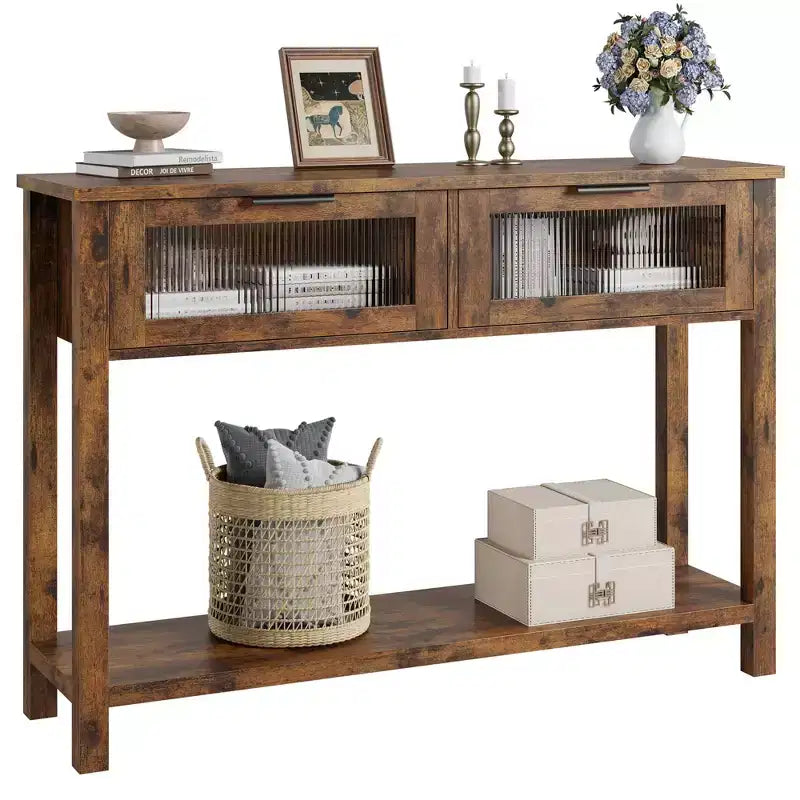 Tavolo Consolle Moderno Stretto Nero/Marrone/Color Legno con 2 Cassetti, 2 Ripiani, Montaggio per 1 Persona